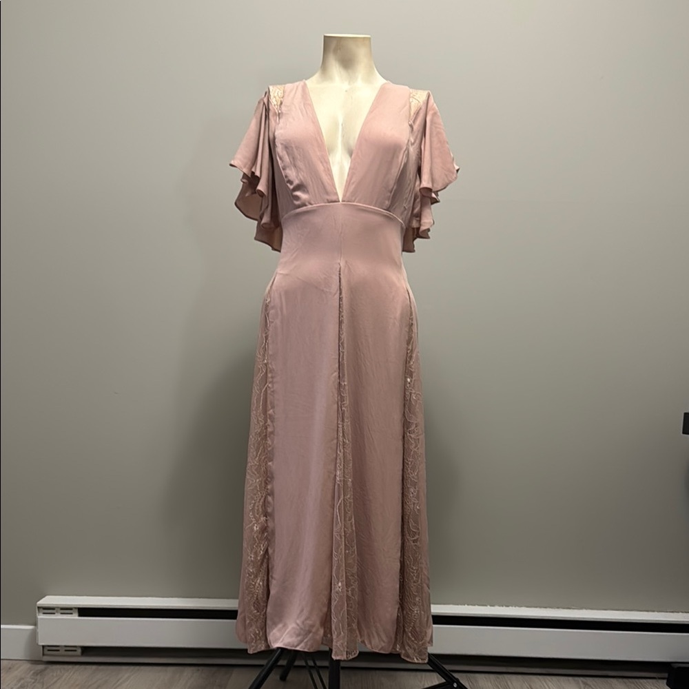 Elegant Pink Plunge Neck Flutter Sleeve Maxi Dress